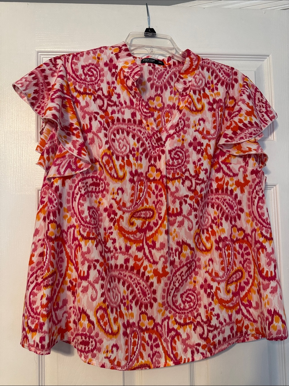 Women’s Pink & Orange Paisley Ruffle Sleeve Top Plus 0XL